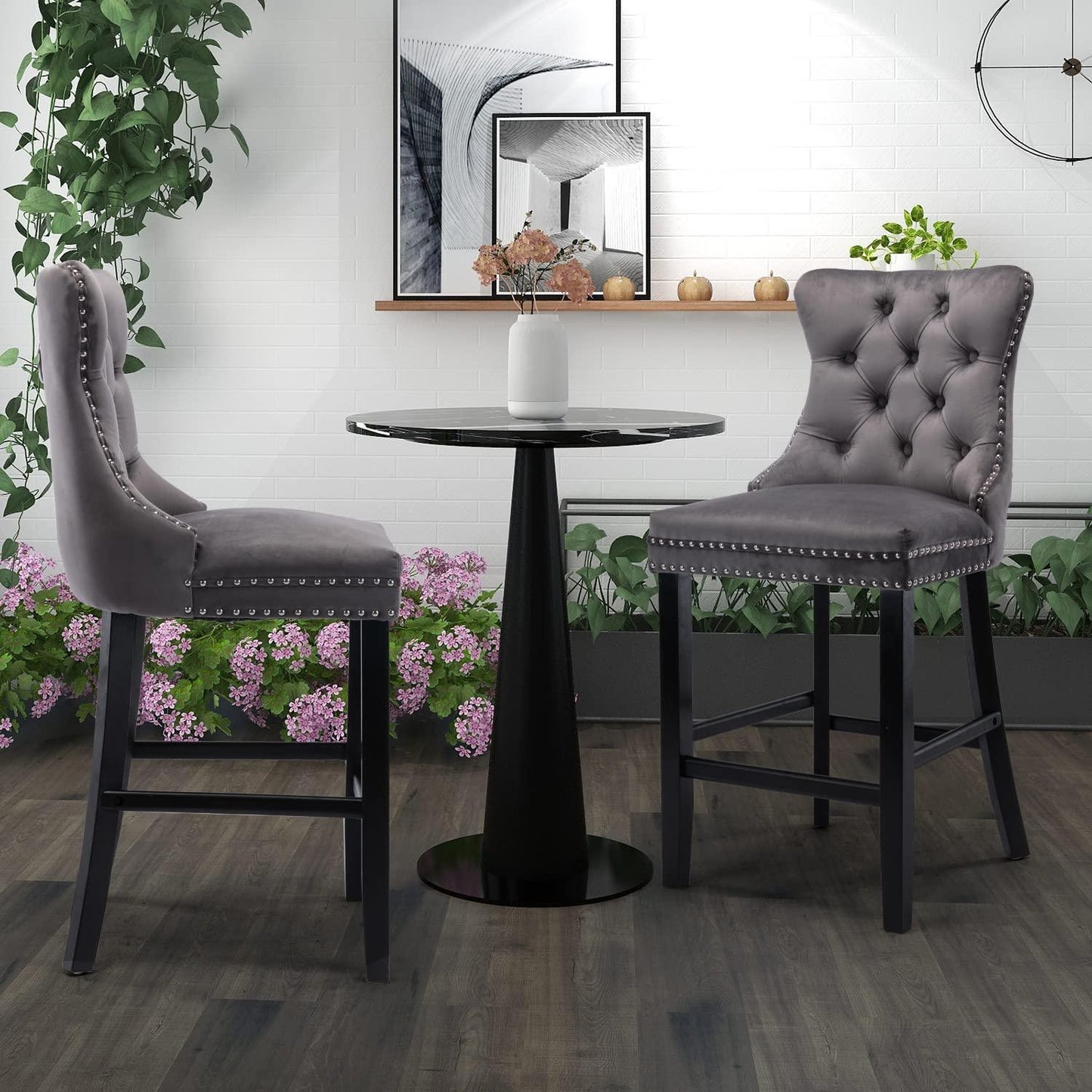 6X Velvet Bar Stools with Studs Trim Wooden Legs Tufted Dining Chairs Kitchen - Mekamart Australia