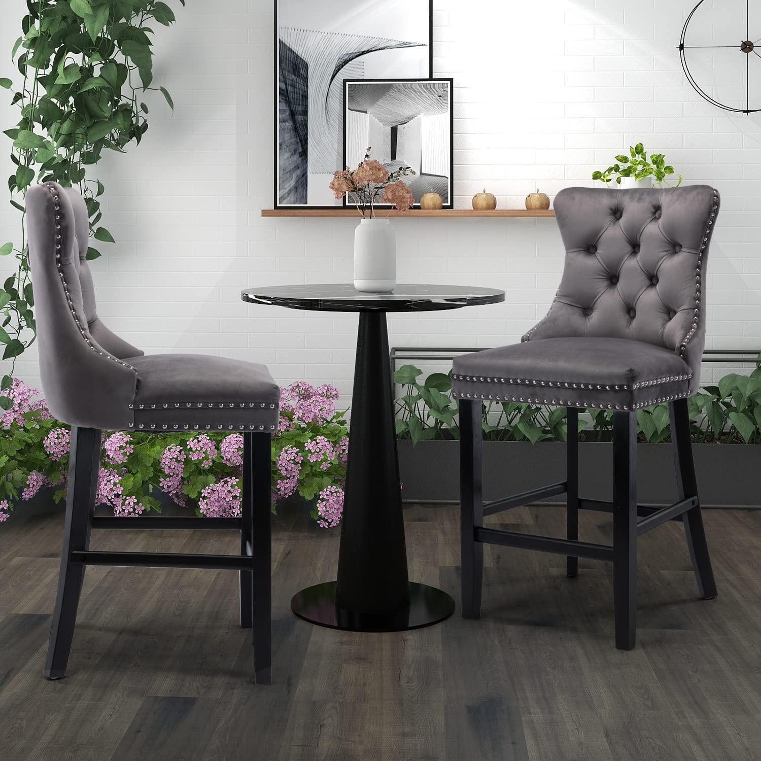 6X Velvet Bar Stools with Studs Trim Wooden Legs Tufted Dining Chairs Kitchen - Mekamart Australia