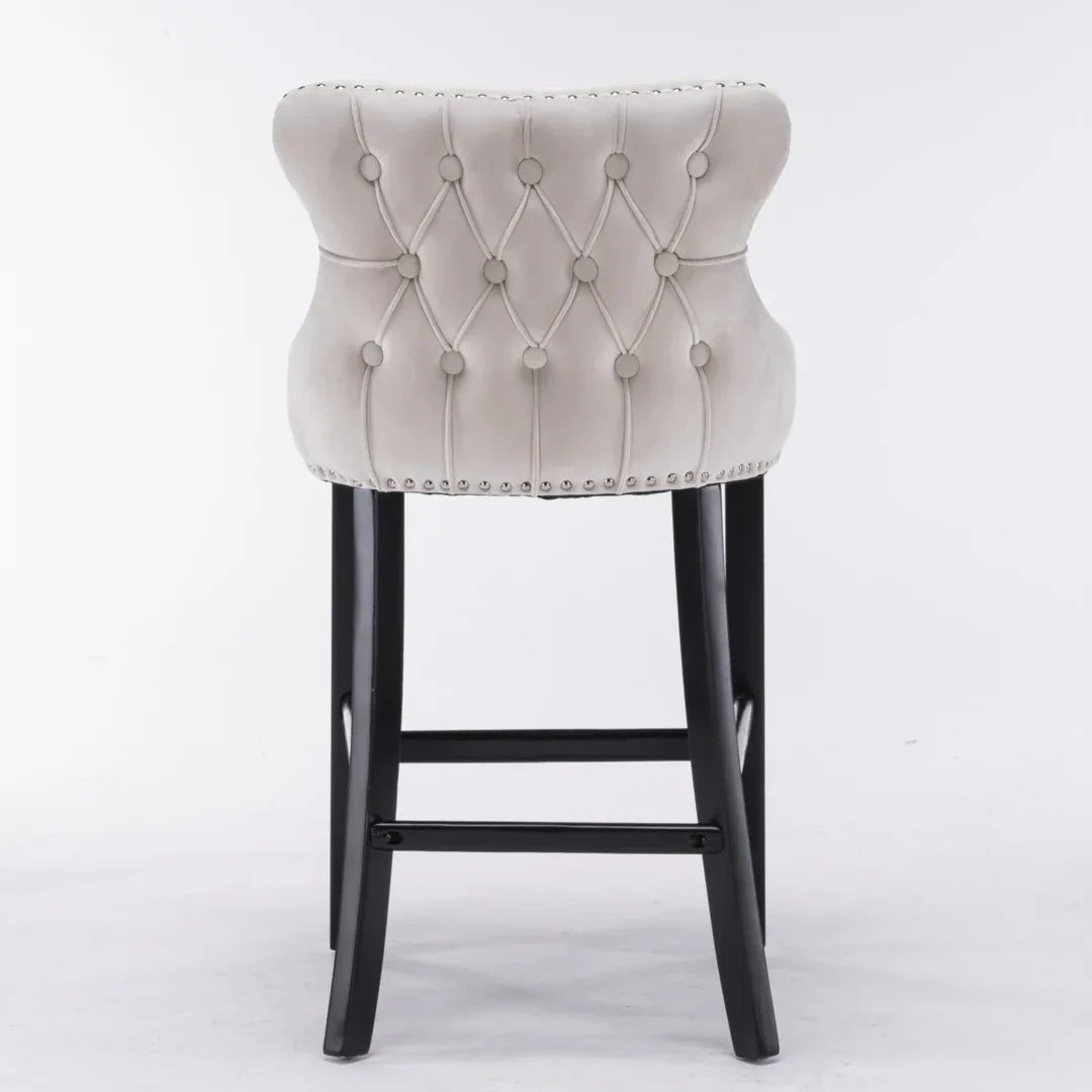 2x Velvet Upholstered Button Tufted Bar Stools with Wood Legs and Studs-Beige - Mekamart Australia