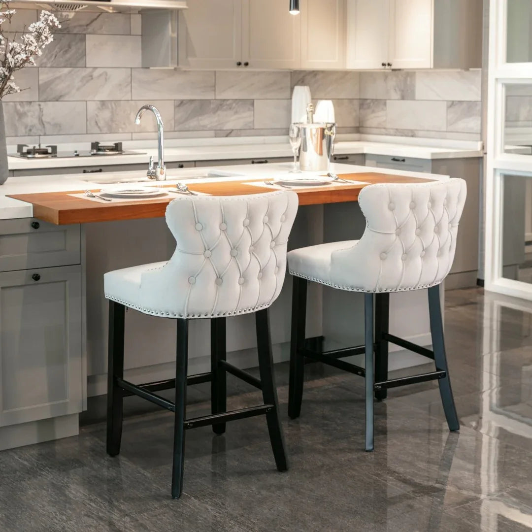 2x Velvet Upholstered Button Tufted Bar Stools with Wood Legs and Studs-Beige - Mekamart Australia