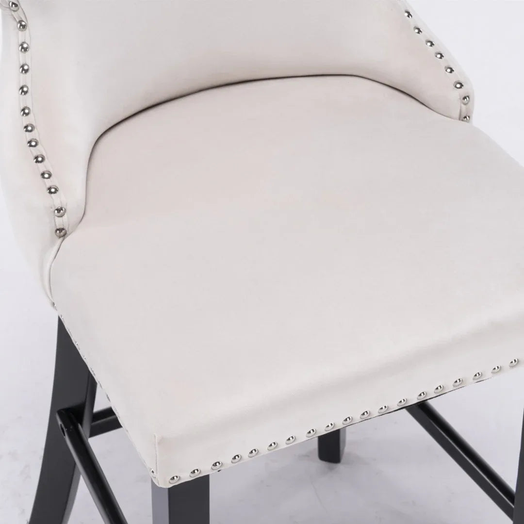 2x Velvet Upholstered Button Tufted Bar Stools with Wood Legs and Studs-Beige - Mekamart Australia
