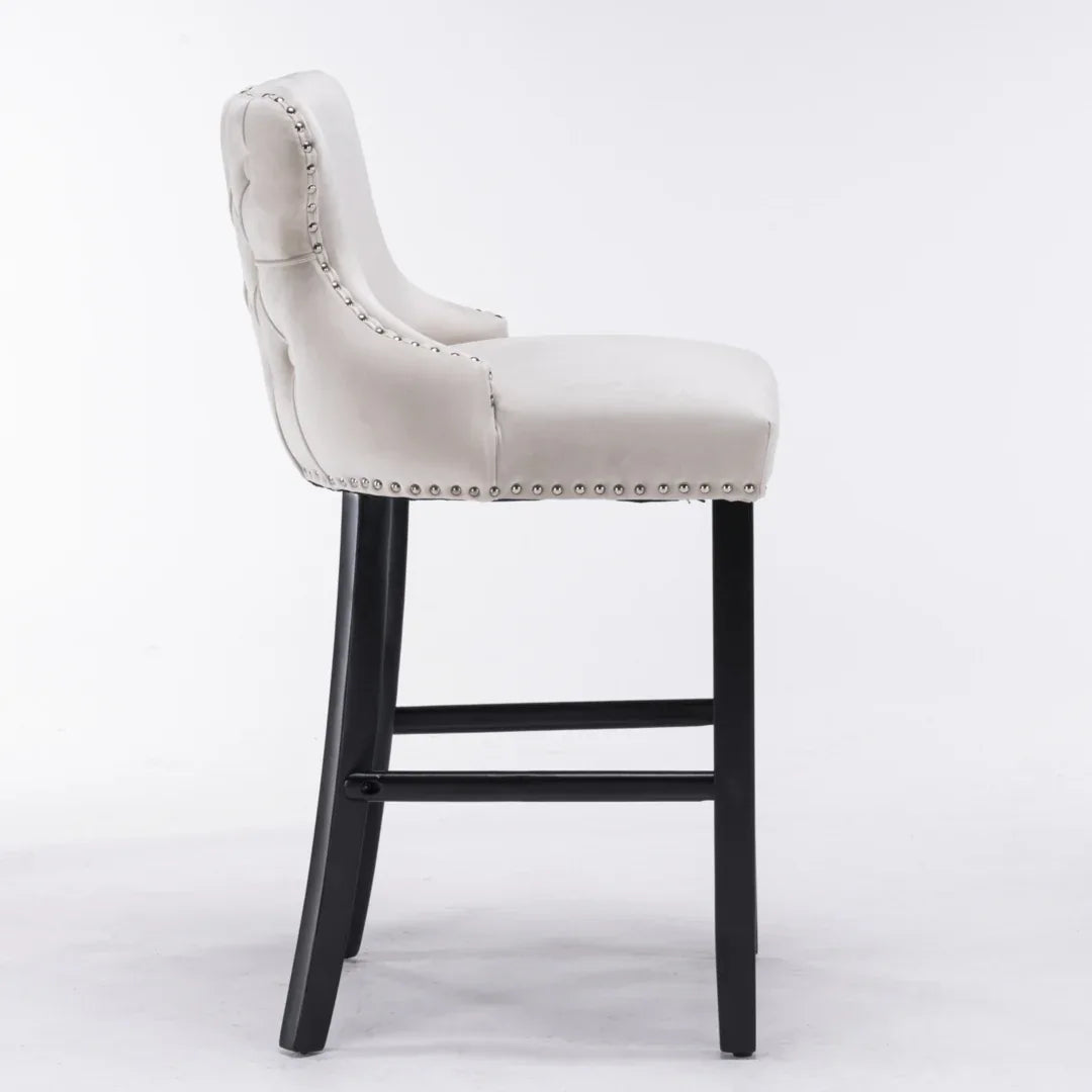 2x Velvet Upholstered Button Tufted Bar Stools with Wood Legs and Studs-Beige - Mekamart Australia
