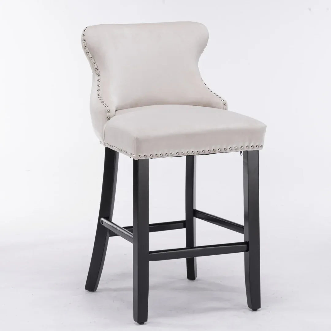 2x Velvet Upholstered Button Tufted Bar Stools with Wood Legs and Studs-Beige - Mekamart Australia