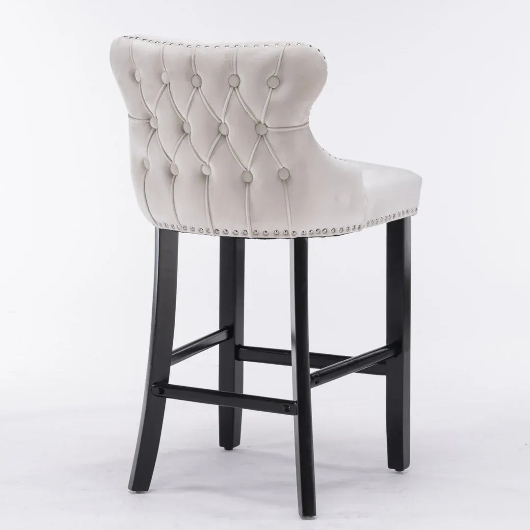 2x Velvet Upholstered Button Tufted Bar Stools with Wood Legs and Studs-Beige - Mekamart Australia