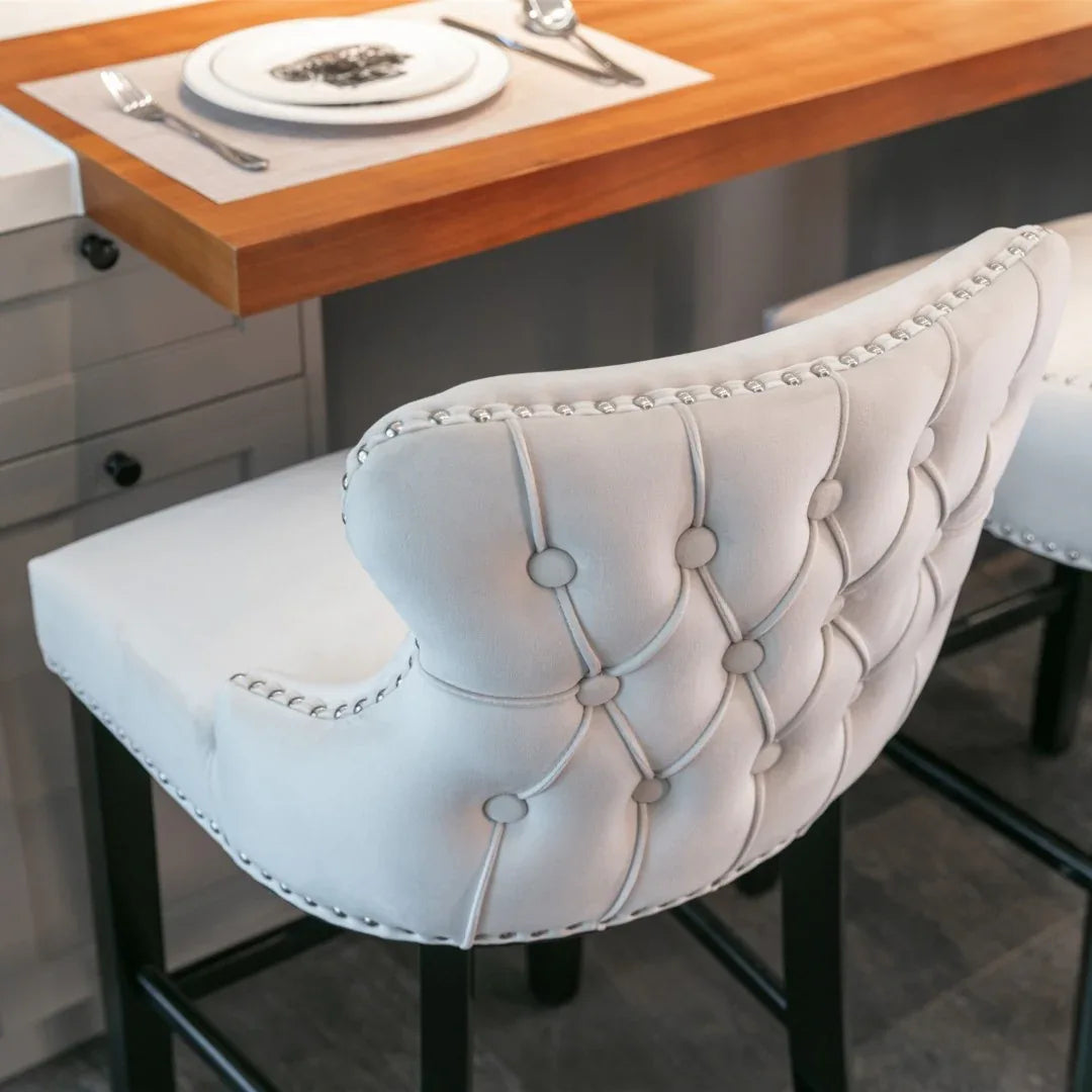 2x Velvet Upholstered Button Tufted Bar Stools with Wood Legs and Studs-Beige - Mekamart Australia