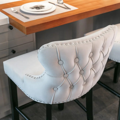 2x Velvet Upholstered Button Tufted Bar Stools with Wood Legs and Studs-Beige - Mekamart Australia