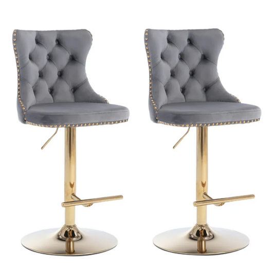 2x Height Adjustable Swivel Bar Stool Velvet Studs Barstool with Footrest and Golden Base- Grey - Mekamart Australia