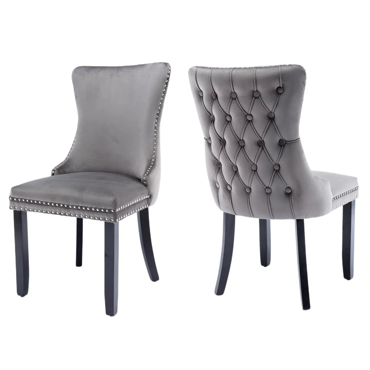 2x Velvet Upholstered Dining Chairs Tufted Wingback Side Chair with Studs Trim Solid Wood Legs for Kitchen - Mekamart Australia
