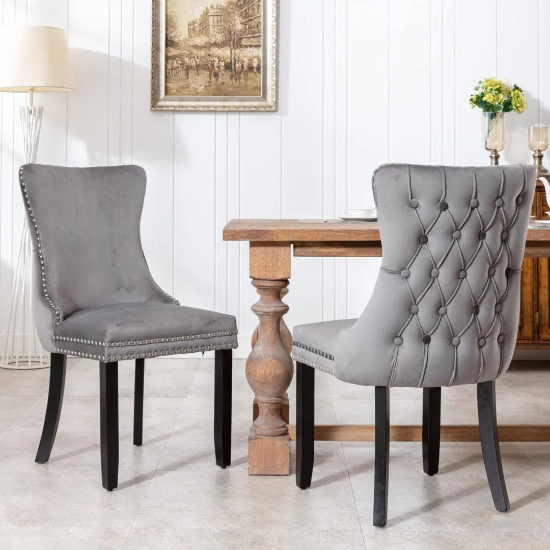 2x Velvet Upholstered Dining Chairs Tufted Wingback Side Chair with Studs Trim Solid Wood Legs for Kitchen - Mekamart Australia