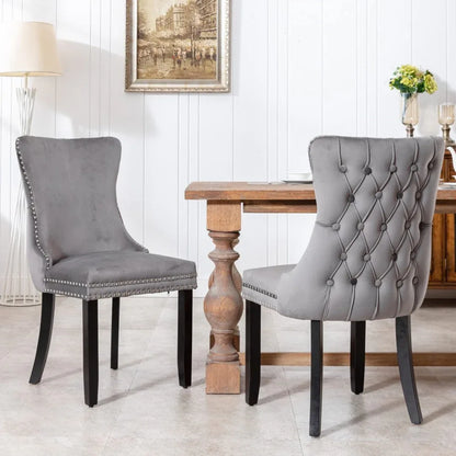 2x Velvet Upholstered Dining Chairs Tufted Wingback Side Chair with Studs Trim Solid Wood Legs for Kitchen - Mekamart Australia