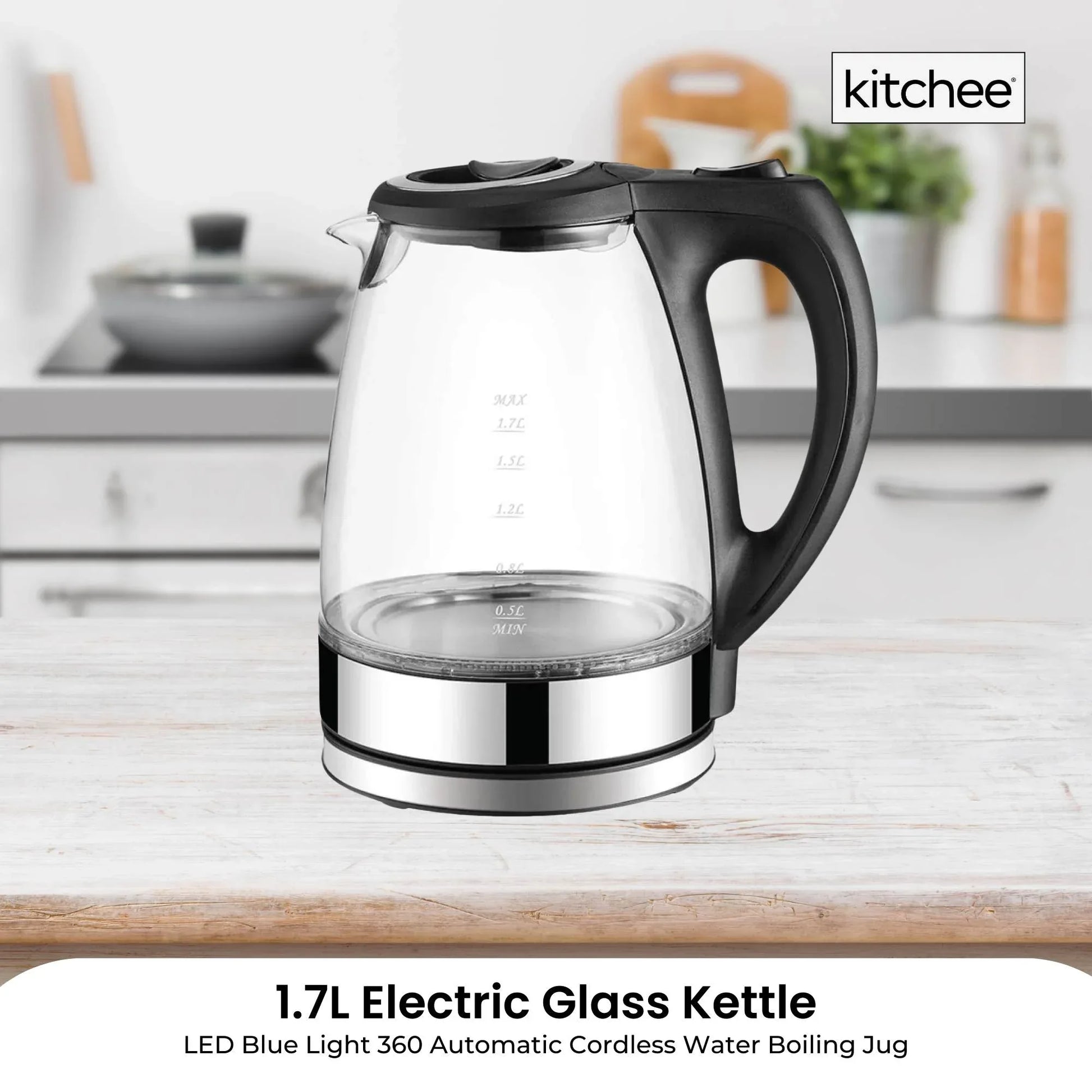 1.7L Electric Glass Kettle LED Blue Light 360 Automatic Cordless Water Boiling Jug - Mekamart Australia