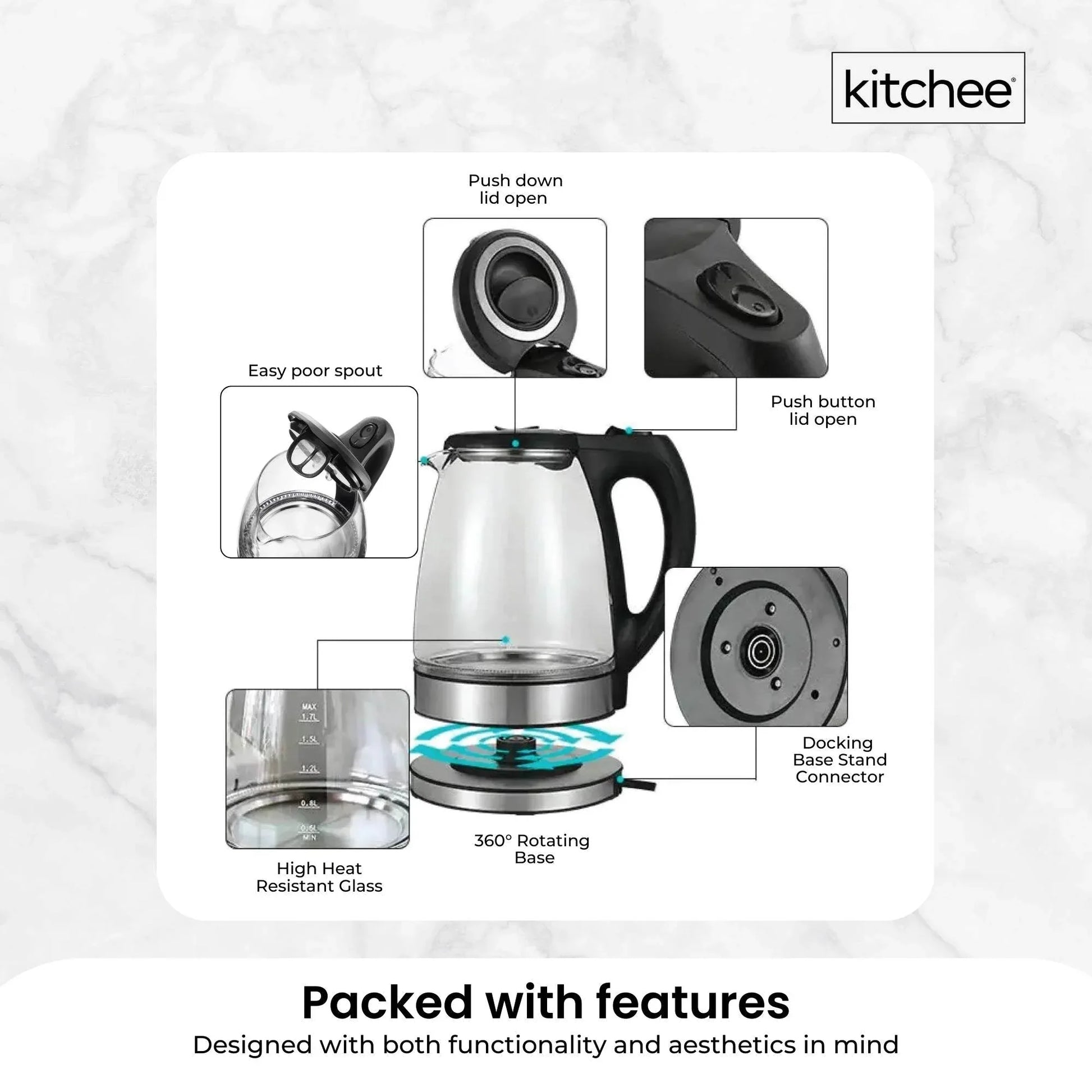 1.7L Electric Glass Kettle LED Blue Light 360 Automatic Cordless Water Boiling Jug - Mekamart Australia