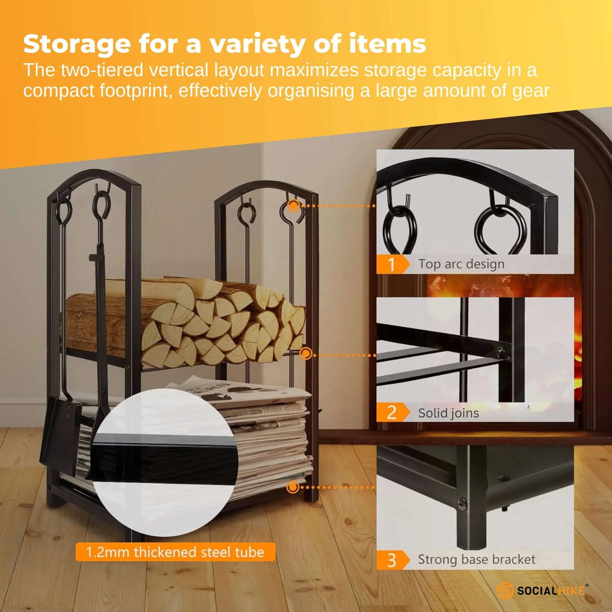 Social Hike Firewood Rack Stand and Fireplace Tool Set for Log Holder Storage - Mekamart Australia