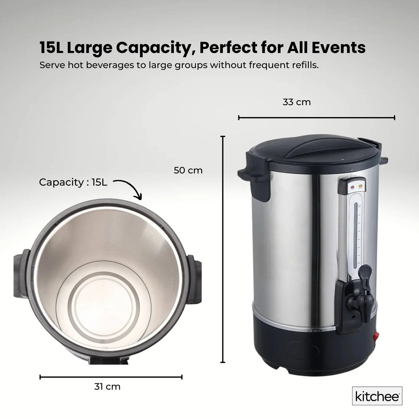 Kitchee 15L Electric Water Boiler - Stainless Steel Commercial Hot Liquid Urn - Mekamart Australia