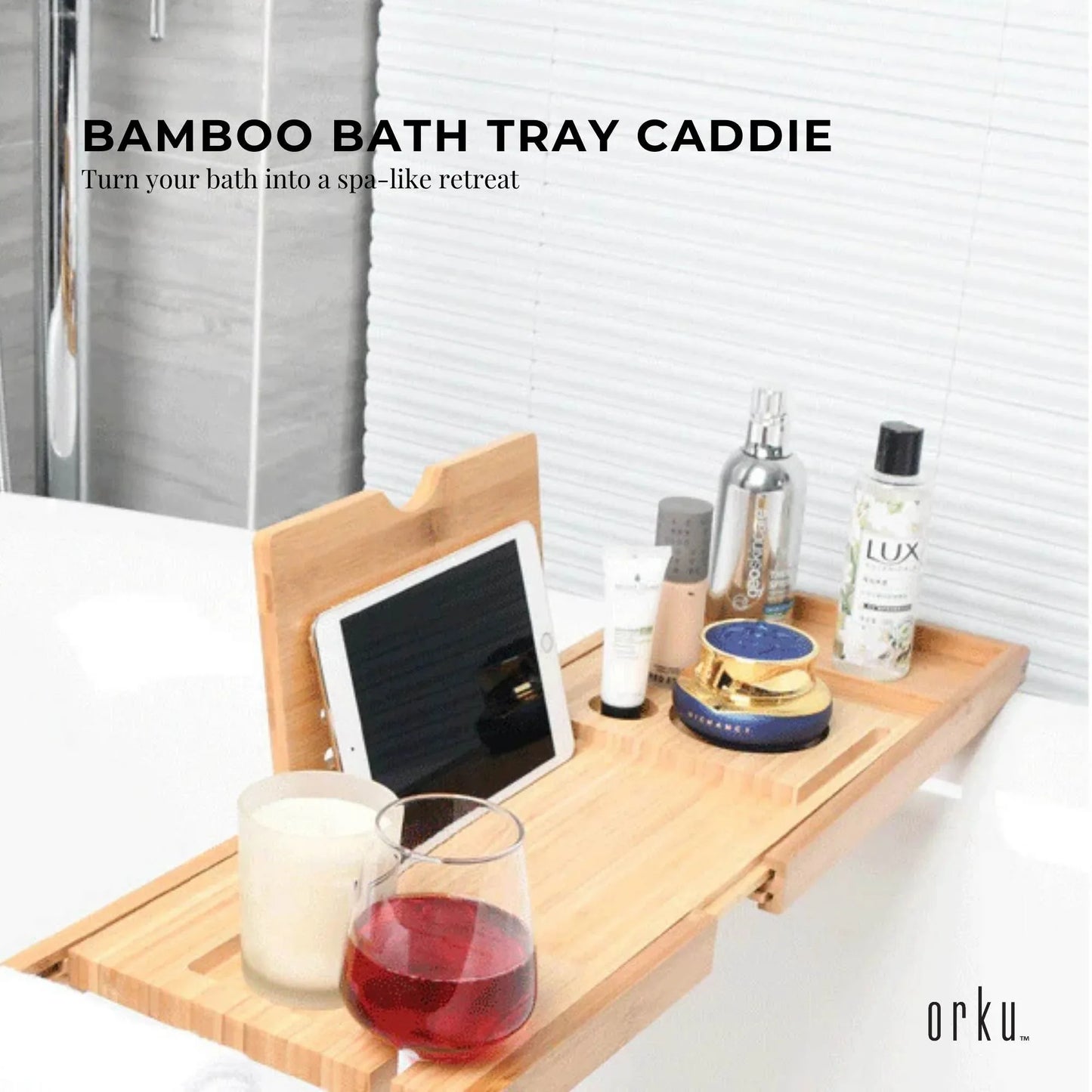 Luxury Adjustable Bamboo Bath Tray Caddy - Spa Book Wine & Accessories Holder - Mekamart Australia