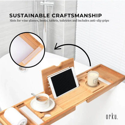 Luxury Adjustable Bamboo Bath Tray Caddy - Spa Book Wine & Accessories Holder - Mekamart Australia