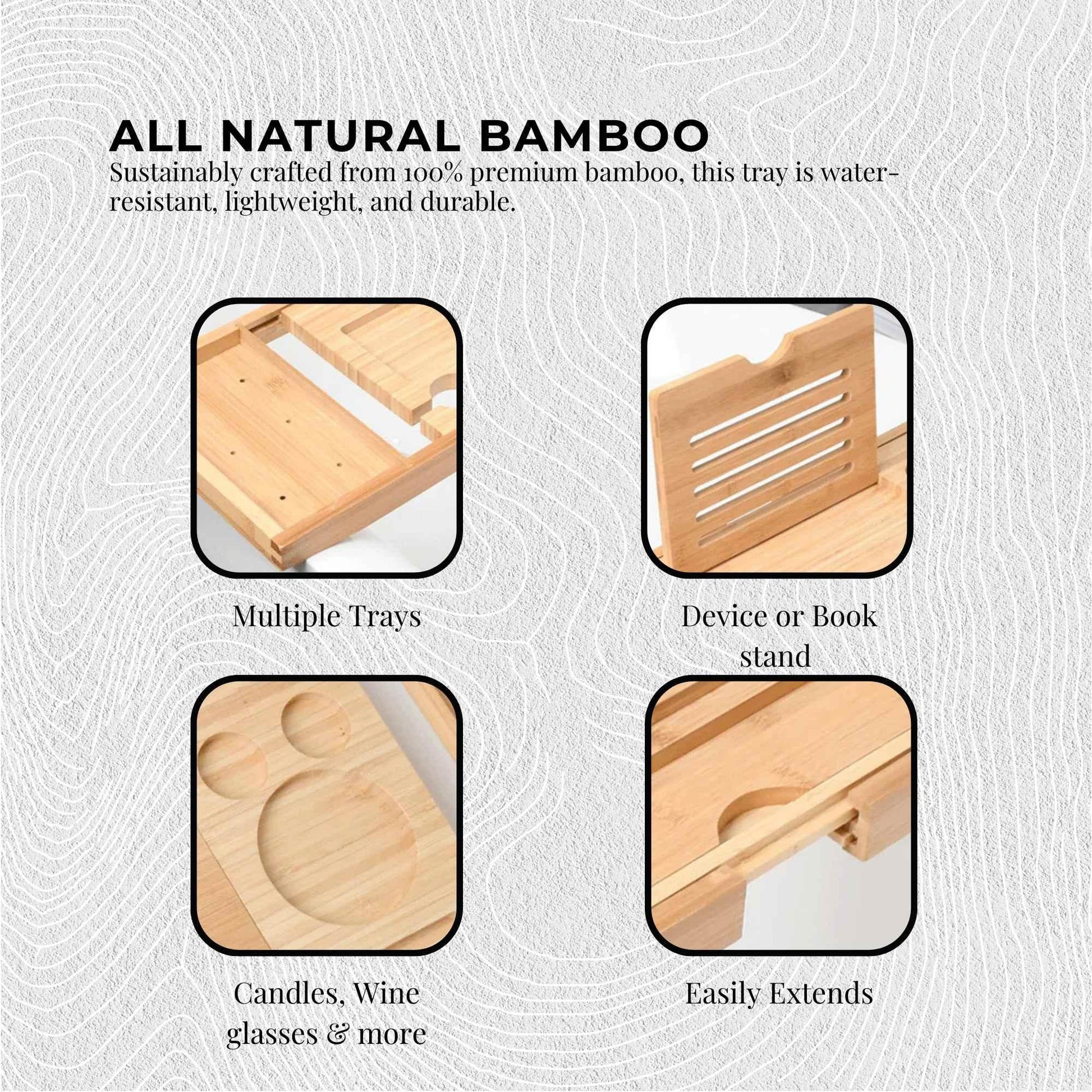 Luxury Adjustable Bamboo Bath Tray Caddy - Spa Book Wine & Accessories Holder - Mekamart Australia