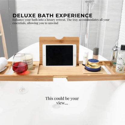 Luxury Adjustable Bamboo Bath Tray Caddy - Spa Book Wine & Accessories Holder - Mekamart Australia