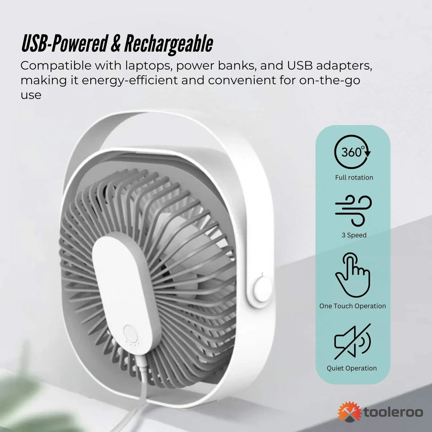 3-Speed USB 20cm Desktop Fan - Quiet Portable Lightweight Rechargeable Cooler - Mekamart Australia