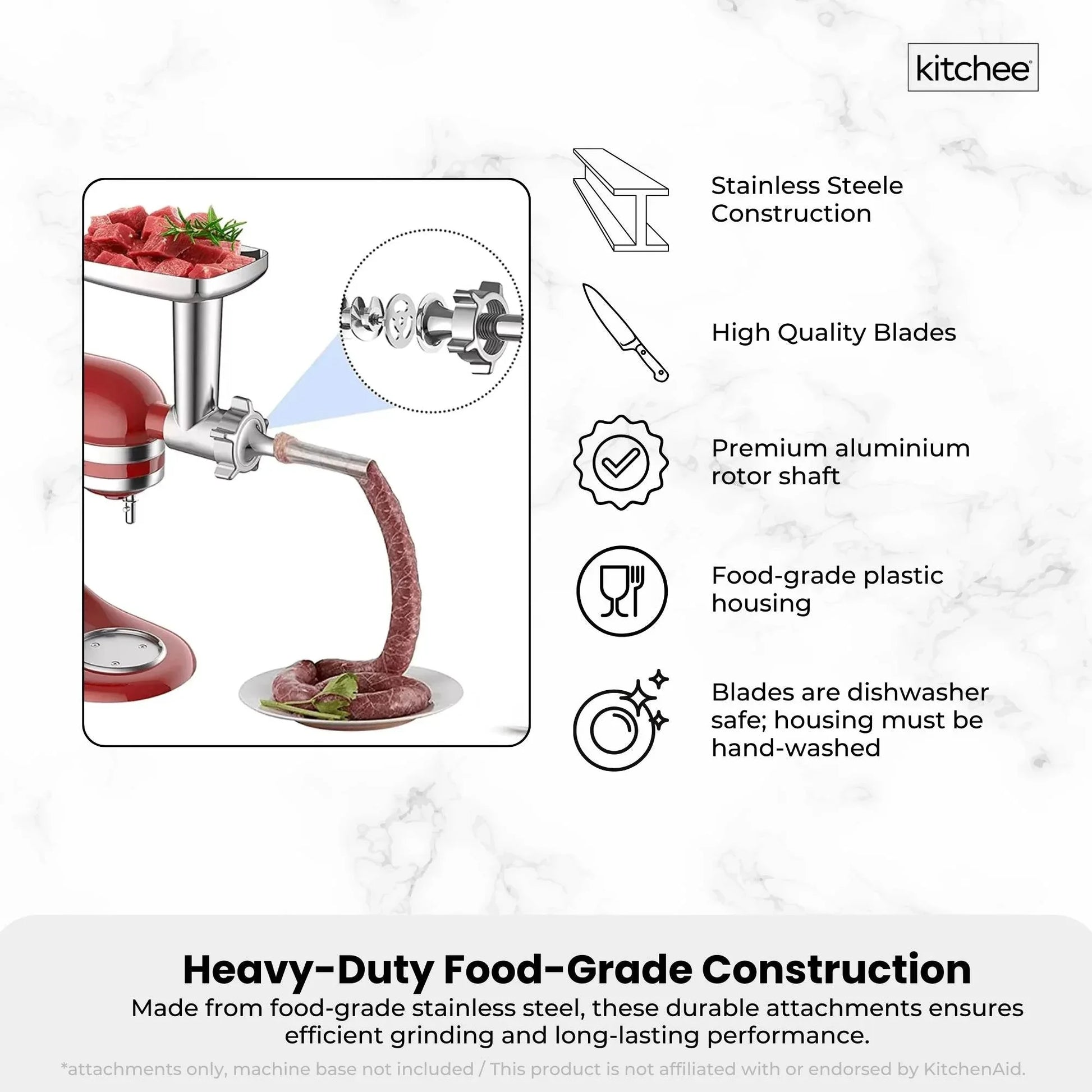 Kitchee Meat Food Grinder Sausage Attachment - Compatible with KitchenAid Mixers - Mekamart Australia
