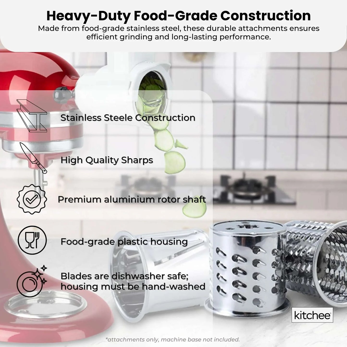 Kitchee Slicer Shredder Grater 3 Attachments - Compatible with KitchenAid Mixer - Mekamart Australia