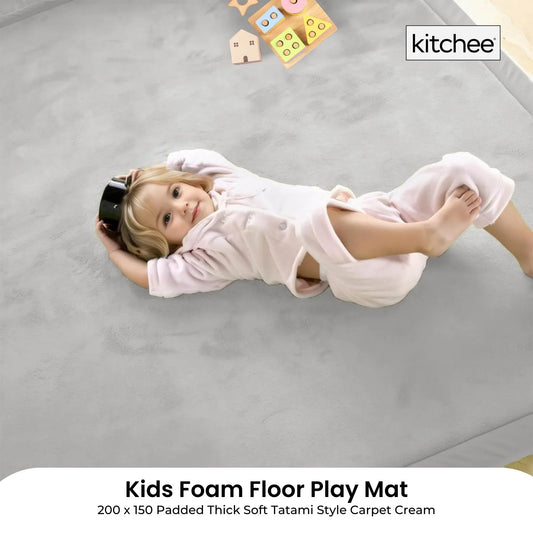 Kitchee Kids Foam Floor Play Mat 150x200cm – Padded Thick Soft Tatami Style Grey - Mekamart Australia