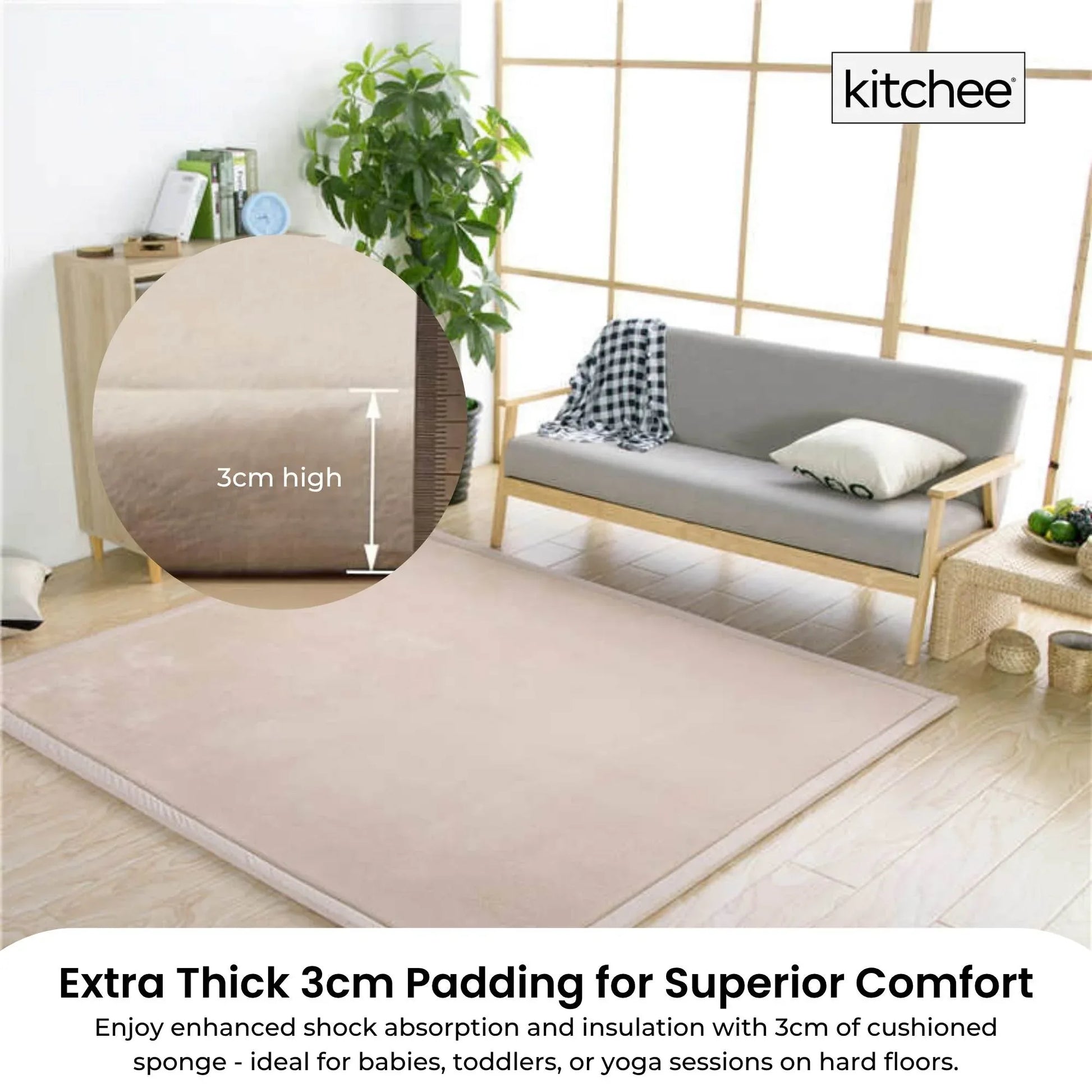 Kitchee Kids Foam Floor Play Mat 200x200cm – Padded Thick Soft Tatami Style Cream - Mekamart Australia