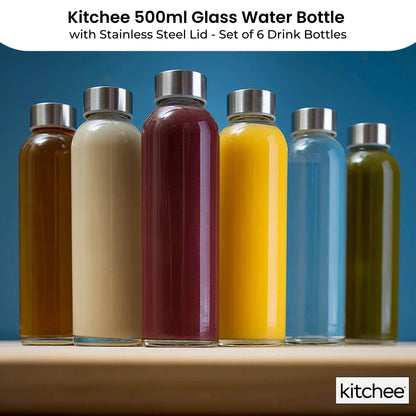 Kitchee 500ml Glass Water Bottle with Stainless Steel Lid - Set of 6 Drink Bottles - Mekamart Australia