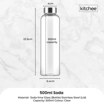 Kitchee 500ml Glass Water Bottle with Stainless Steel Lid - Set of 6 Drink Bottles - Mekamart Australia