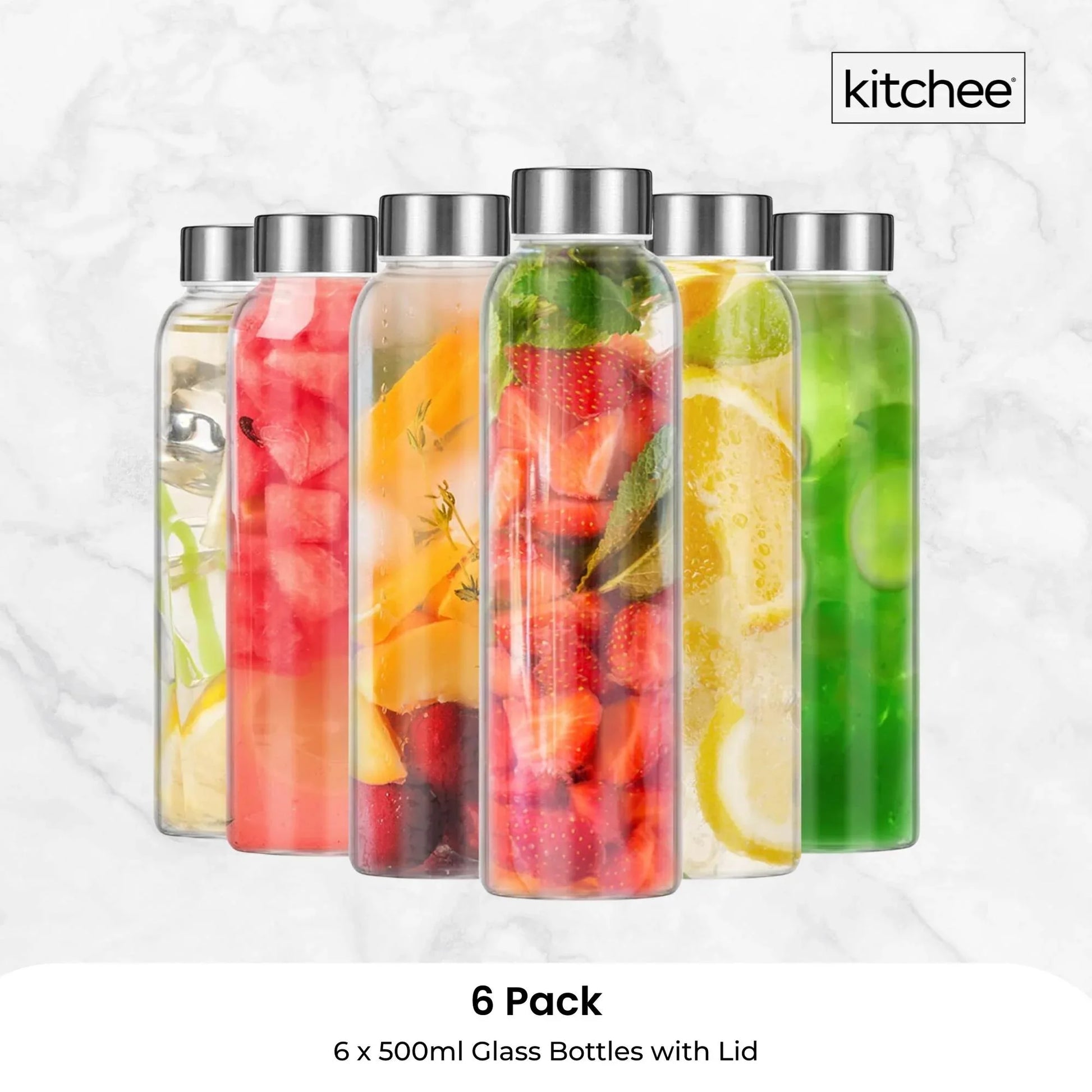 Kitchee 500ml Glass Water Bottle with Stainless Steel Lid - Set of 6 Drink Bottles - Mekamart Australia