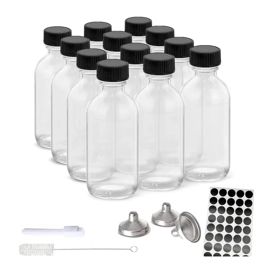 Kitchee 12x 60ml Small Glass Bottles + Lids Funnels Brush Labels Pen - Mekamart Australia