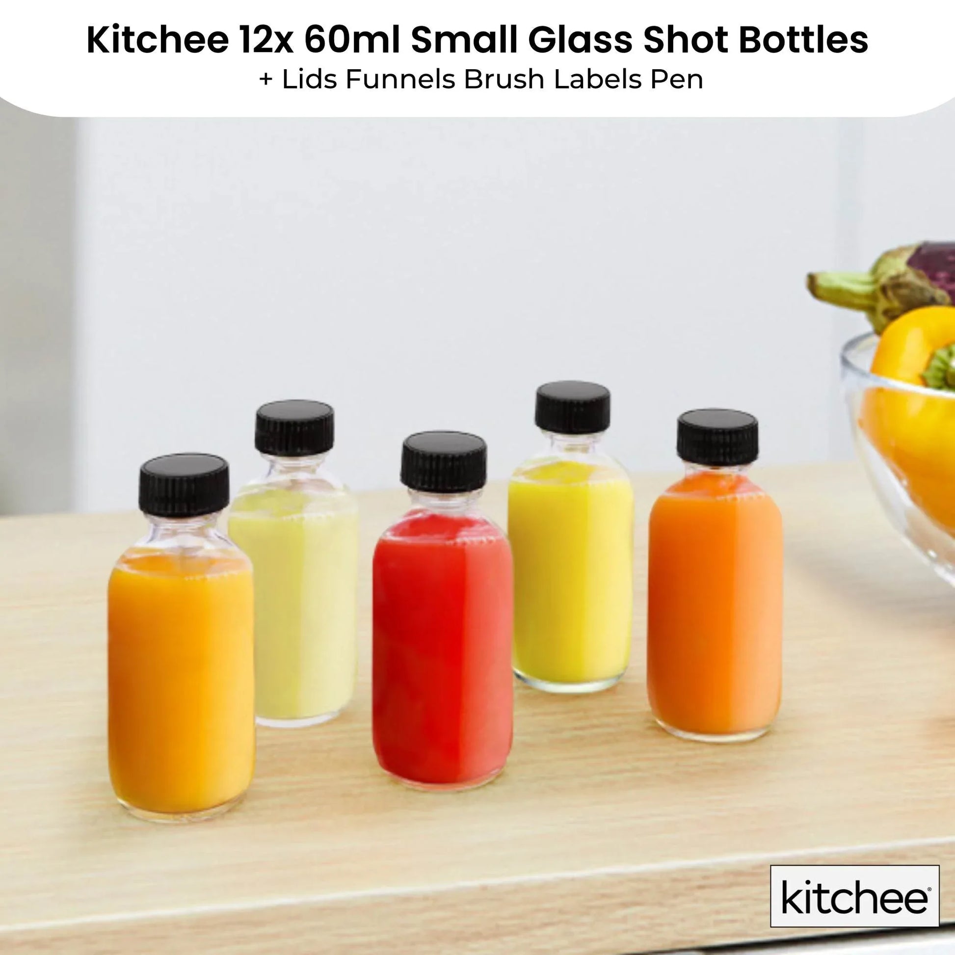 Kitchee 12x 60ml Small Glass Bottles + Lids Funnels Brush Labels Pen - Mekamart Australia
