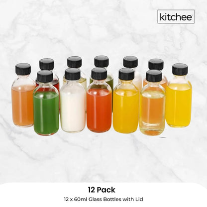 Kitchee 12x 60ml Small Glass Bottles + Lids Funnels Brush Labels Pen - Mekamart Australia