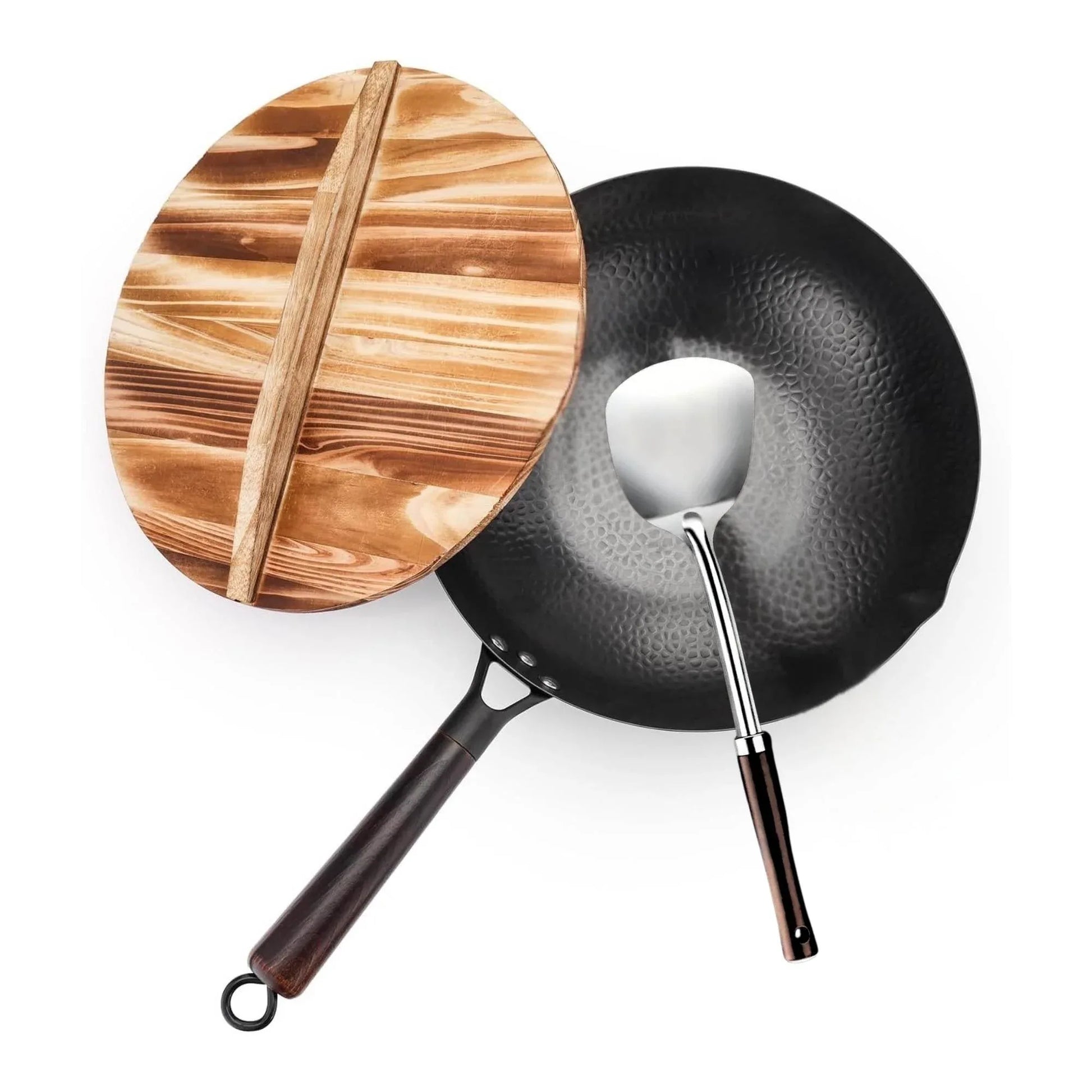 Kitchee 32cm Carbon Steel Wok Set Flat Bottom with Wood Lid + Spatula - Induction Ready - Mekamart Australia
