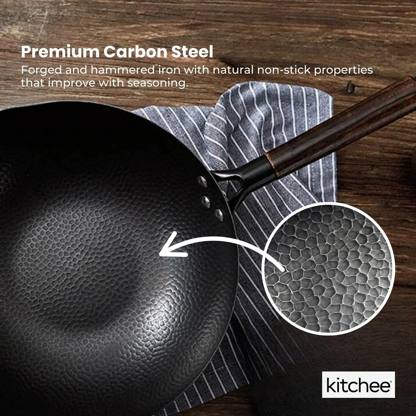 Kitchee 32cm Carbon Steel Wok Set Flat Bottom with Wood Lid + Spatula - Induction Ready - Mekamart Australia