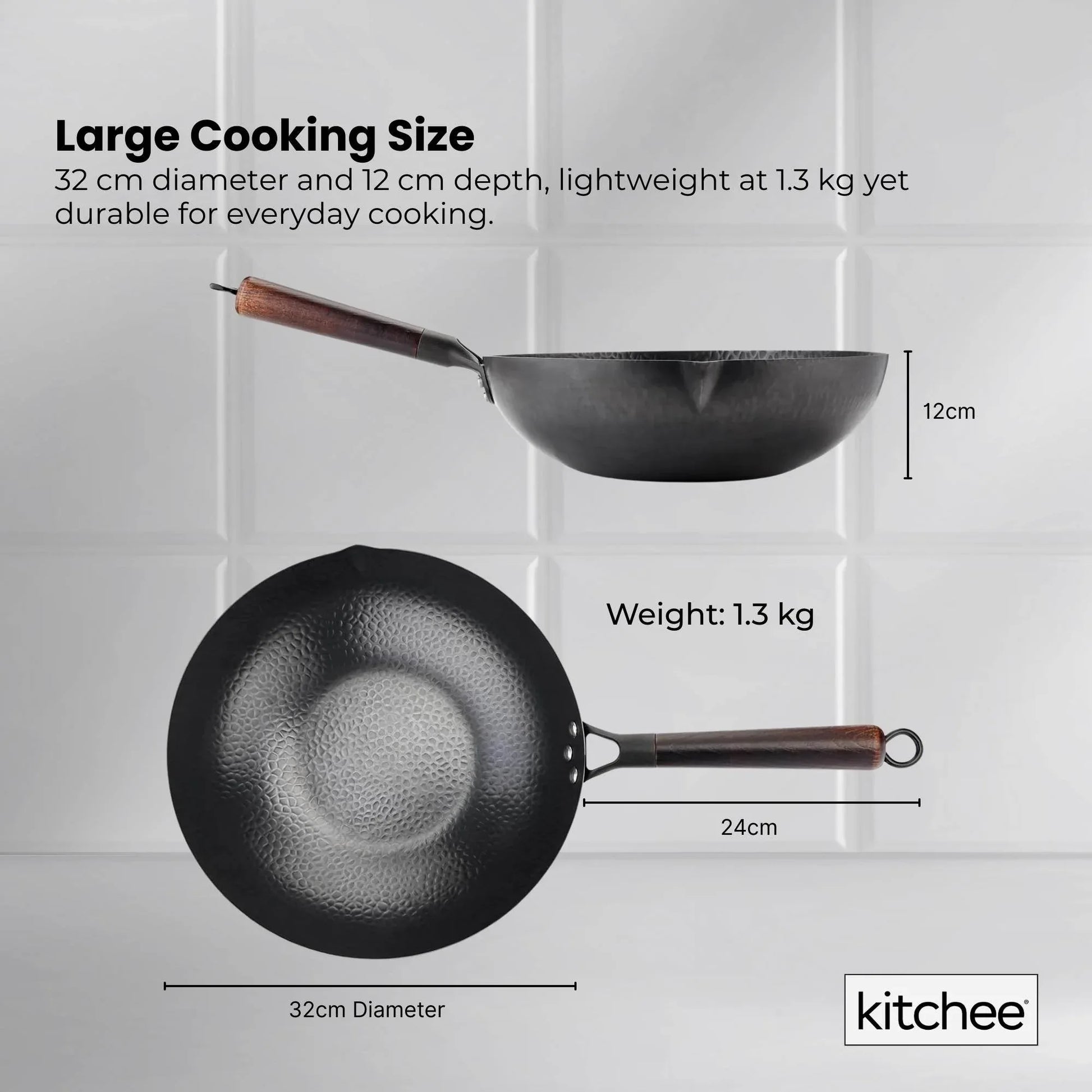 Kitchee 32cm Carbon Steel Wok Set Flat Bottom with Wood Lid + Spatula - Induction Ready - Mekamart Australia