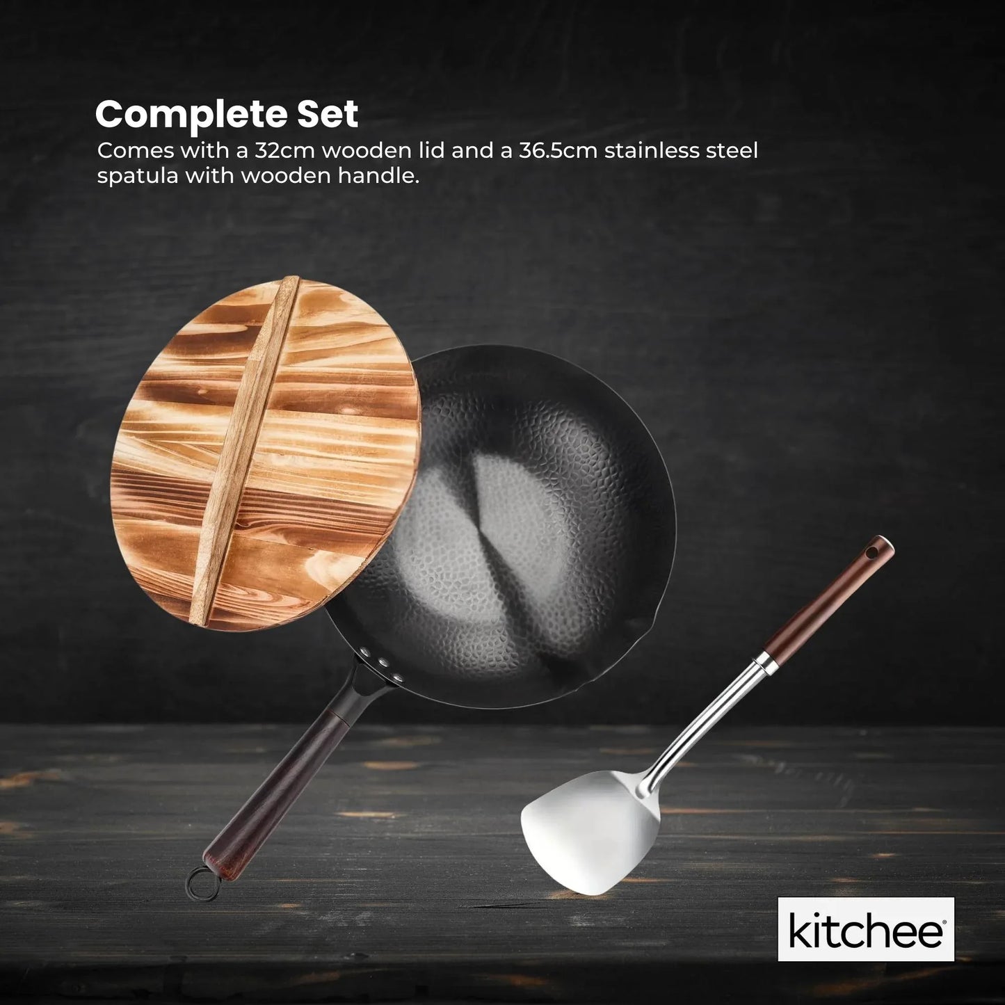 Kitchee 32cm Carbon Steel Wok Set Flat Bottom with Wood Lid + Spatula - Induction Ready - Mekamart Australia