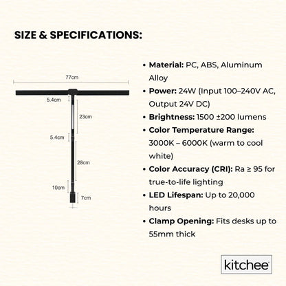 Kitchee Tri-Fold LED Desk Lamp with Clamp - Swinging Arm Eye-Care Dimmable Light - Mekamart Australia