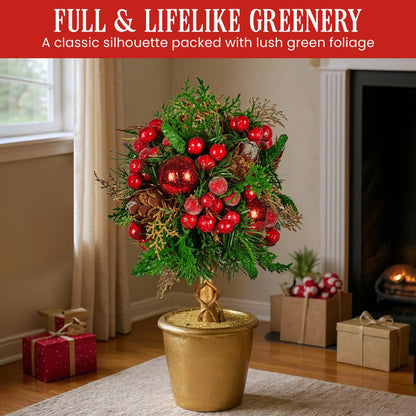Christabelle 36cm Christmas Tabletop Topiary Tree Pre-Decorated Berries, Baubles & Pine Cones Gold Pot Twisted Stem Festive Decoration - Mekamart Australia