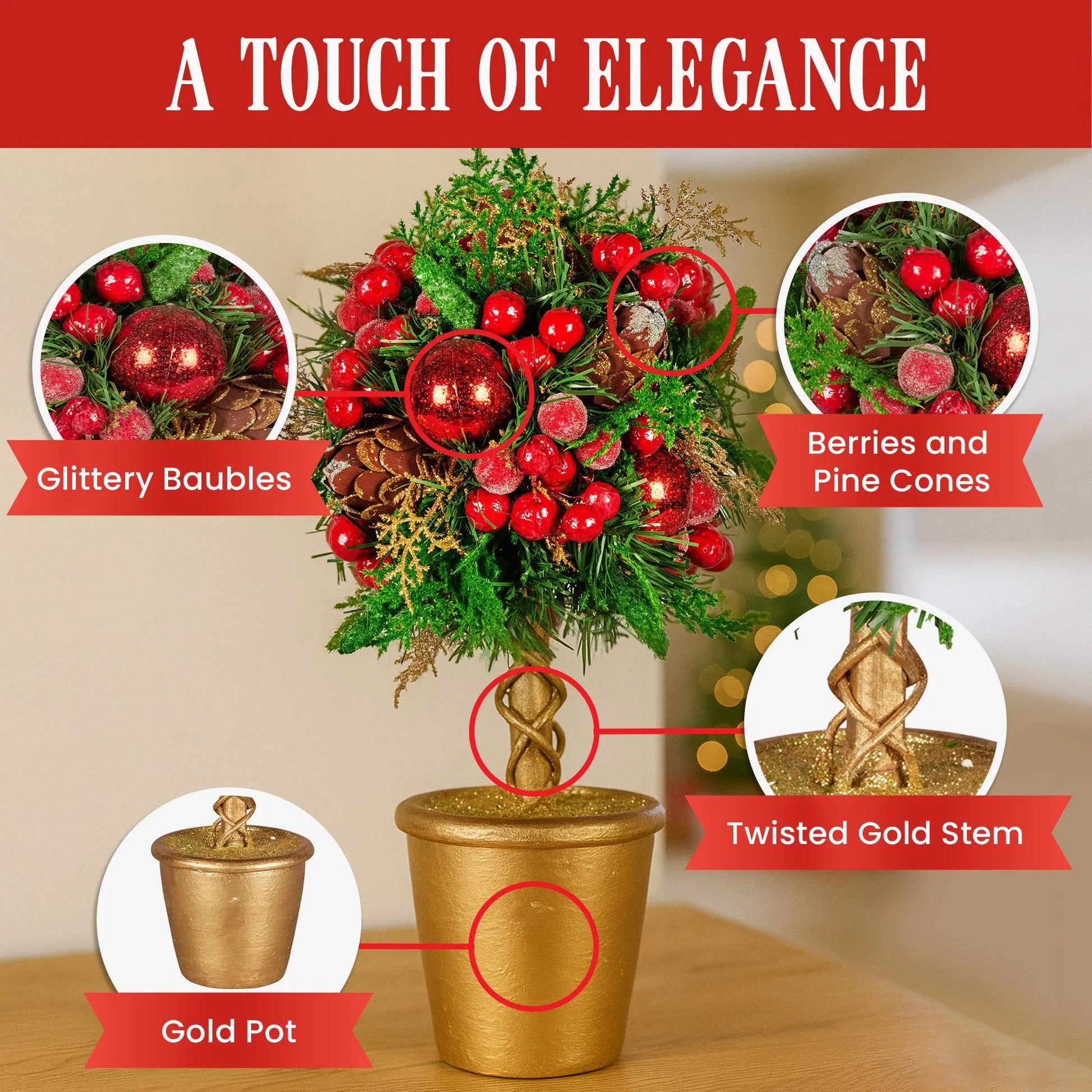 Christabelle 36cm Christmas Tabletop Topiary Tree Pre-Decorated Berries, Baubles & Pine Cones Gold Pot Twisted Stem Festive Decoration - Mekamart Australia