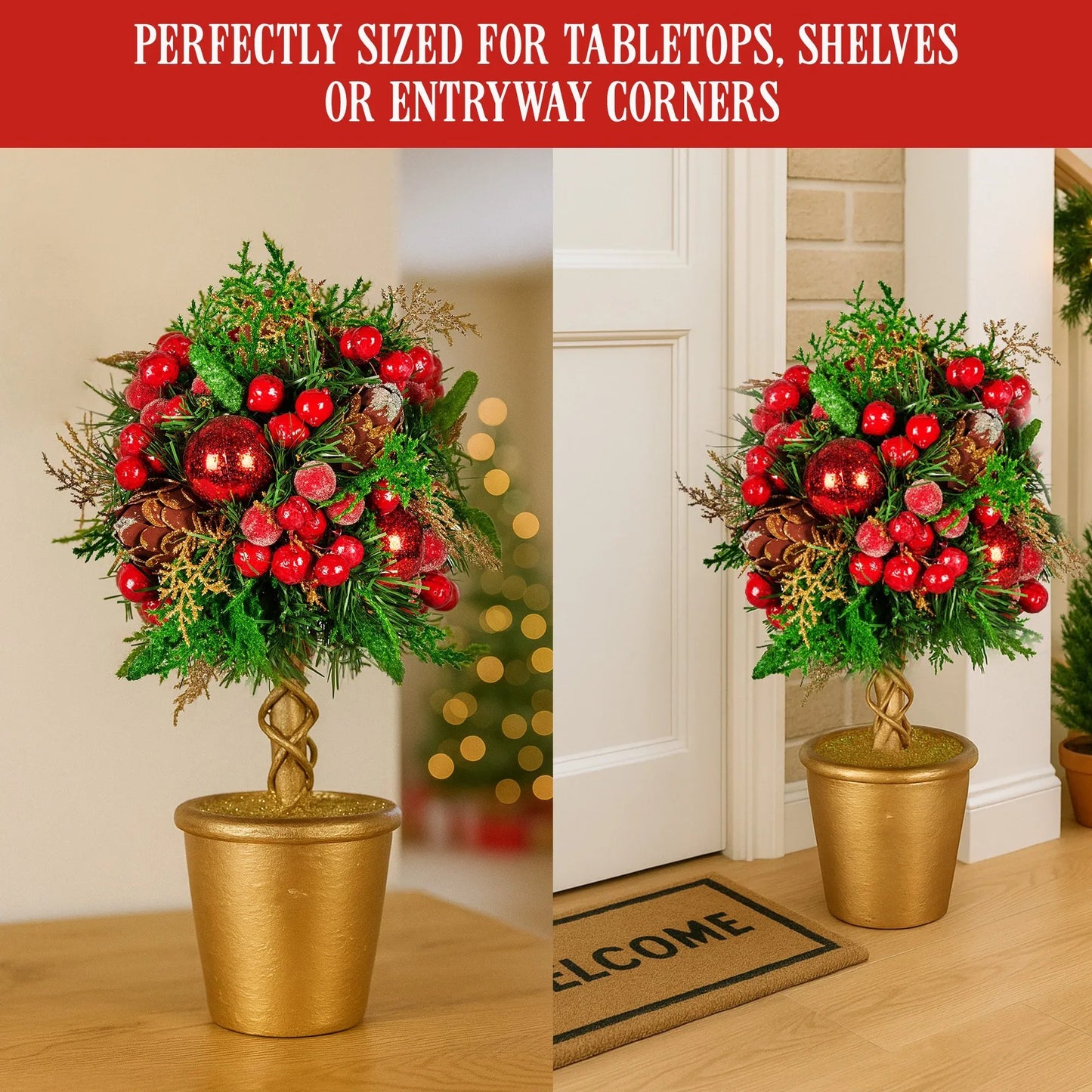 Christabelle 36cm Christmas Tabletop Topiary Tree Pre-Decorated Berries, Baubles & Pine Cones Gold Pot Twisted Stem Festive Decoration - Mekamart Australia