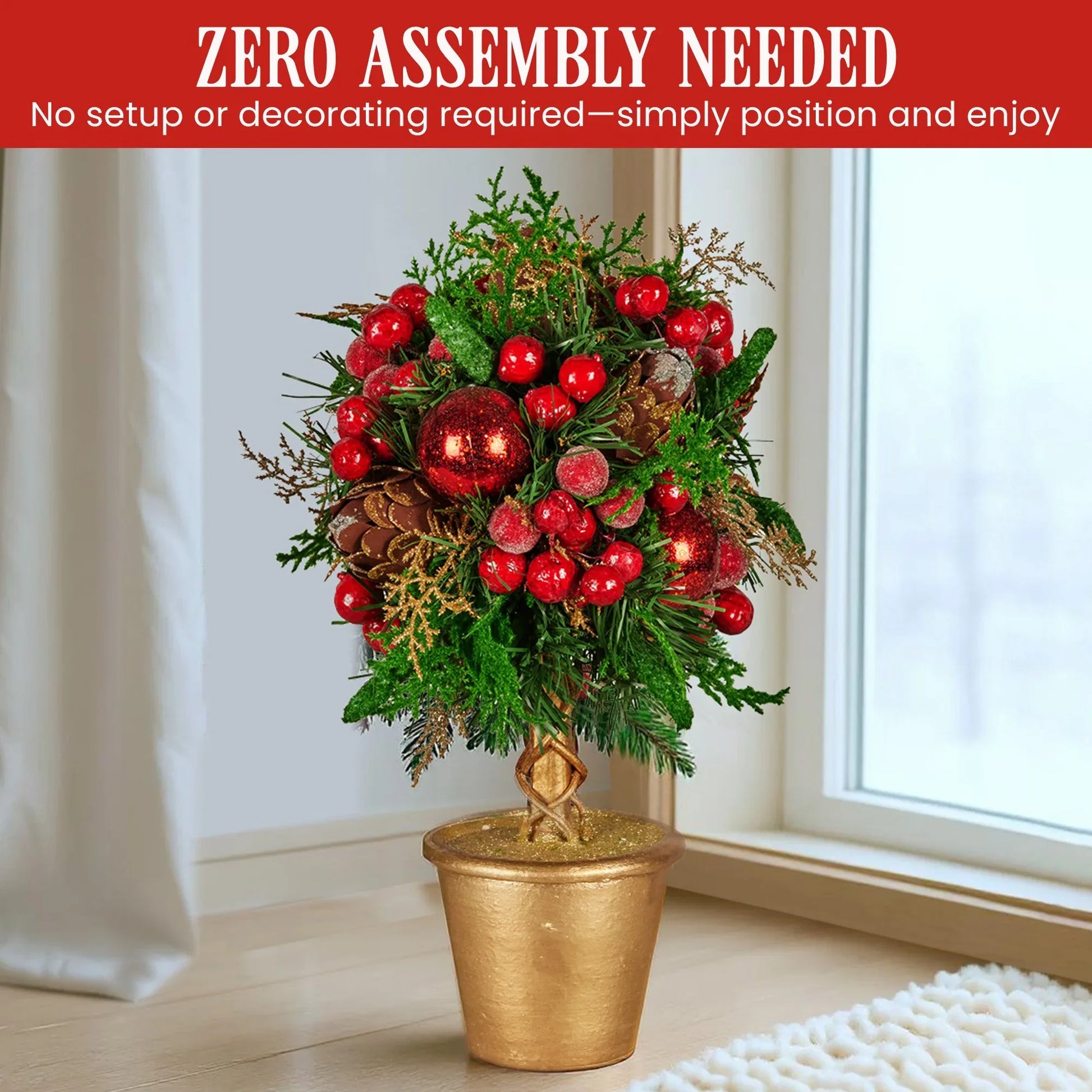 Christabelle 36cm Christmas Tabletop Topiary Tree Pre-Decorated Berries, Baubles & Pine Cones Gold Pot Twisted Stem Festive Decoration - Mekamart Australia