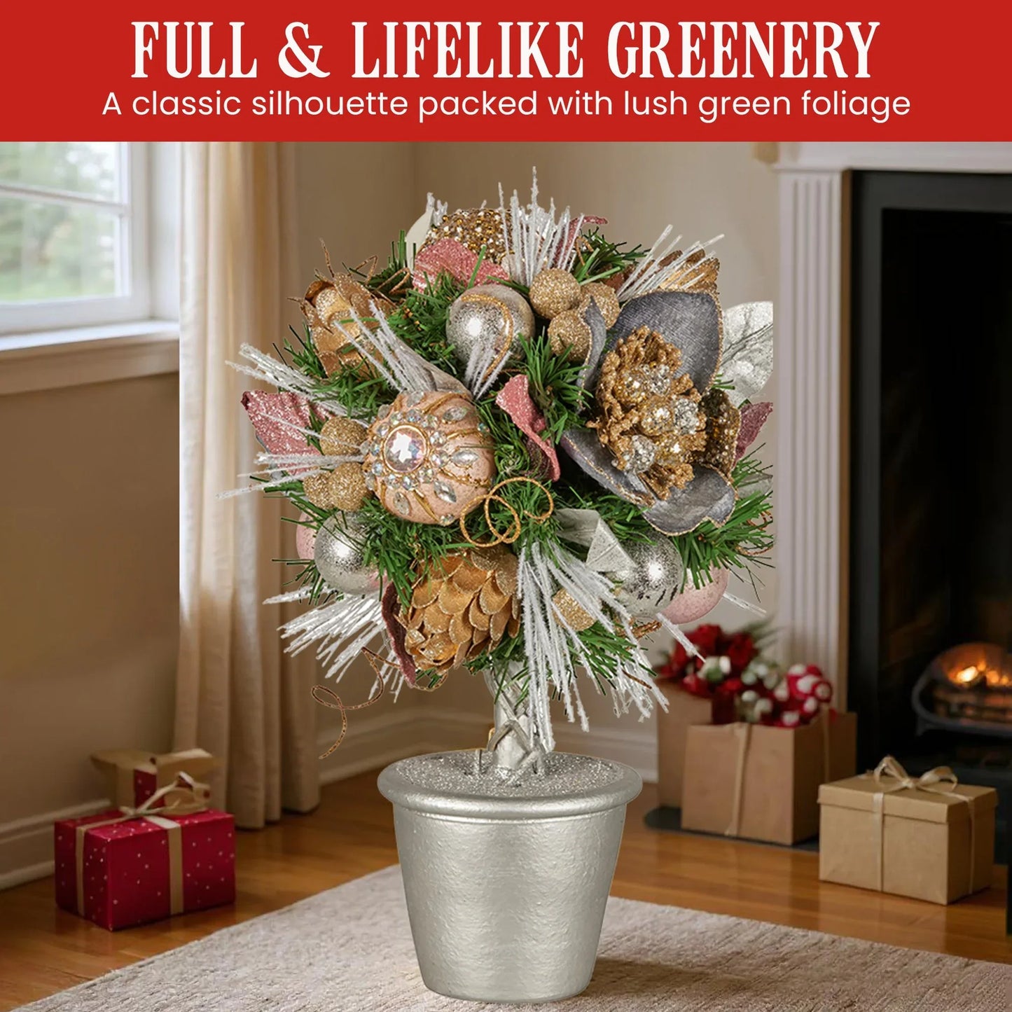 Christabelle 36cm Christmas Tabletop Topiary Tree Jewelled Baubles, Berries, Flowers and Pine Cones Festive Decoration - Mekamart Australia
