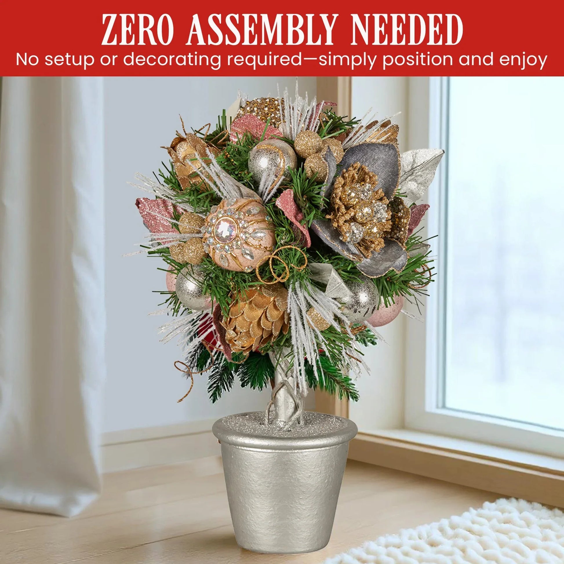 Christabelle 36cm Christmas Tabletop Topiary Tree Jewelled Baubles, Berries, Flowers and Pine Cones Festive Decoration - Mekamart Australia