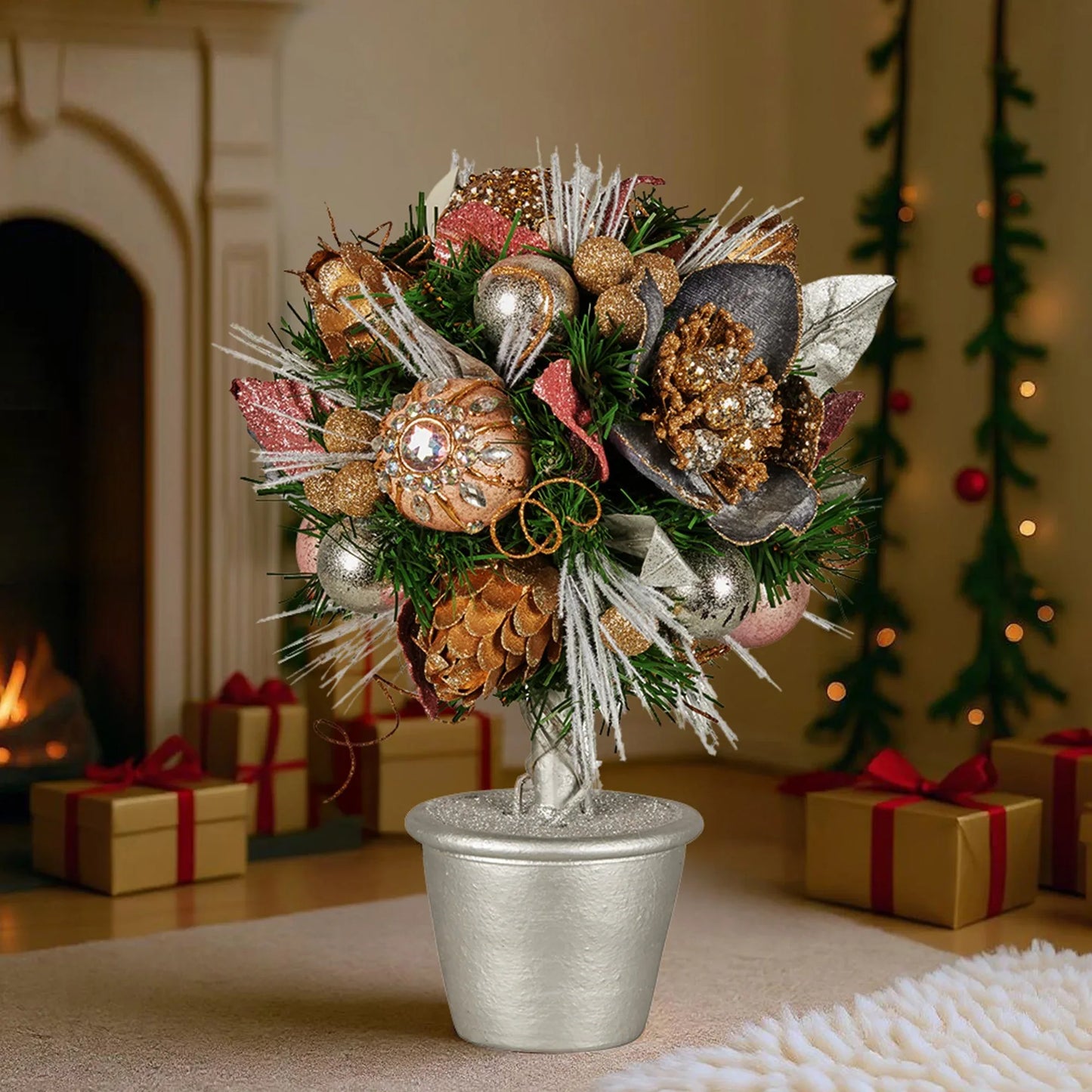 Christabelle 36cm Christmas Tabletop Topiary Tree Jewelled Baubles, Berries, Flowers and Pine Cones Festive Decoration - Mekamart Australia