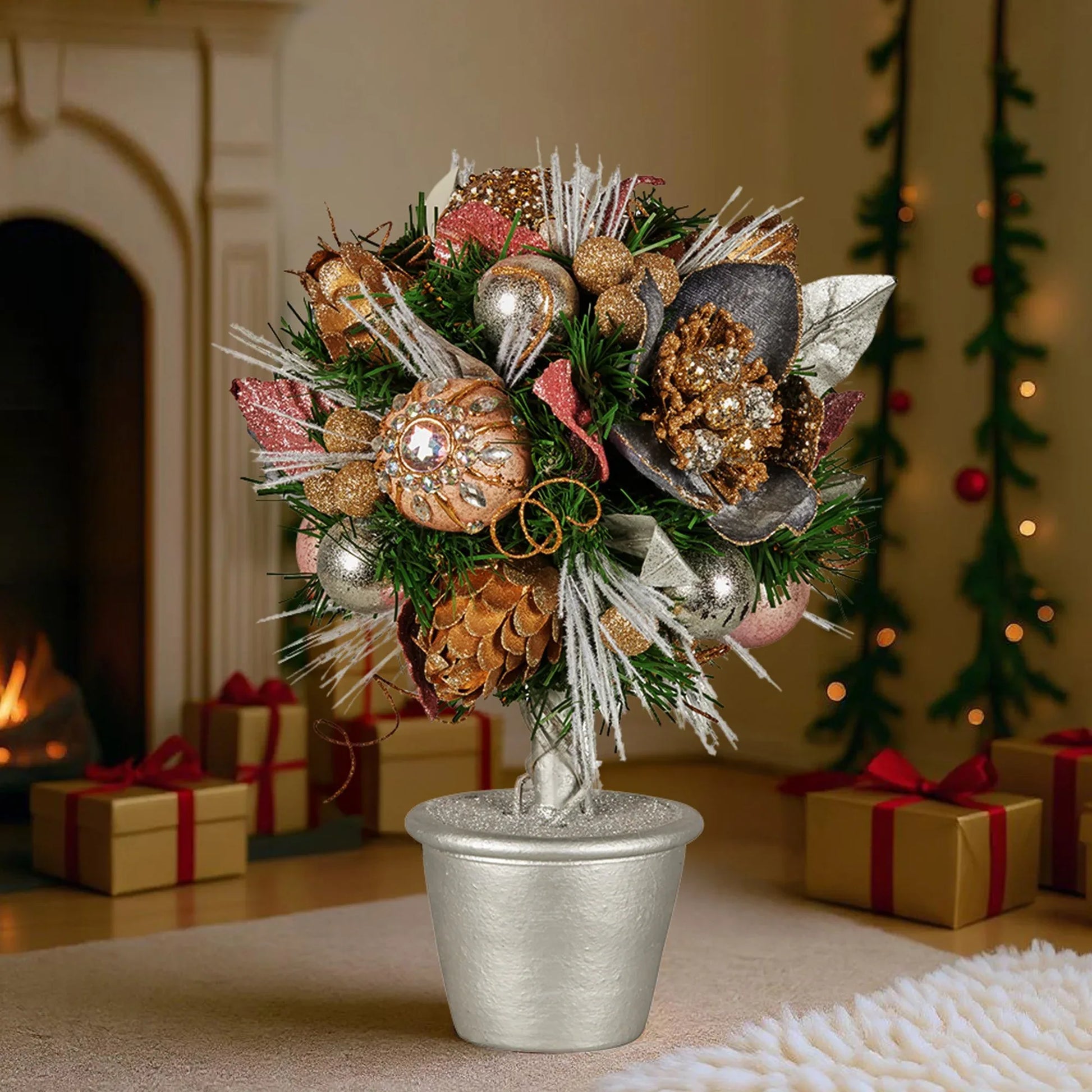 Christabelle 36cm Christmas Tabletop Topiary Tree Jewelled Baubles, Berries, Flowers and Pine Cones Festive Decoration - Mekamart Australia