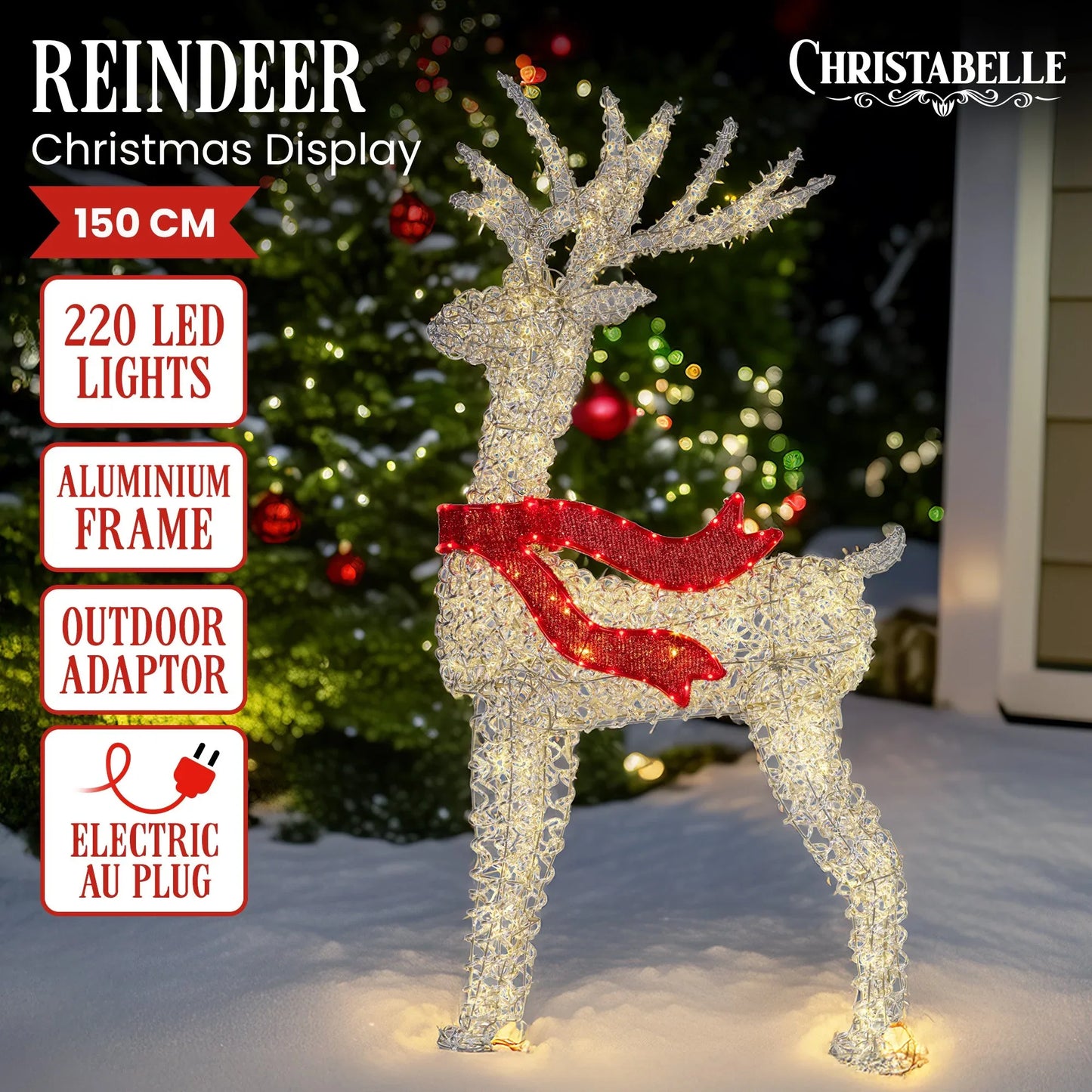 Christabelle Large 1.5m Christmas Reindeer Outdoor Indoor Light-Up Display Decoration Lawn Statue LED Lights Red Bow - Mekamart Australia