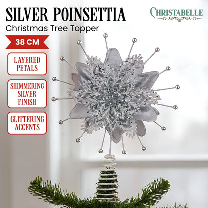 Christabelle Christmas Tree Topper Poinsettia Decoration Ornament Silver Petals - Mekamart Australia