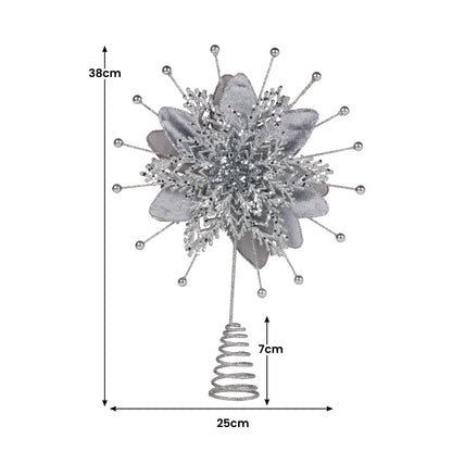 Christabelle Christmas Tree Topper Poinsettia Decoration Ornament Silver Petals - Mekamart Australia