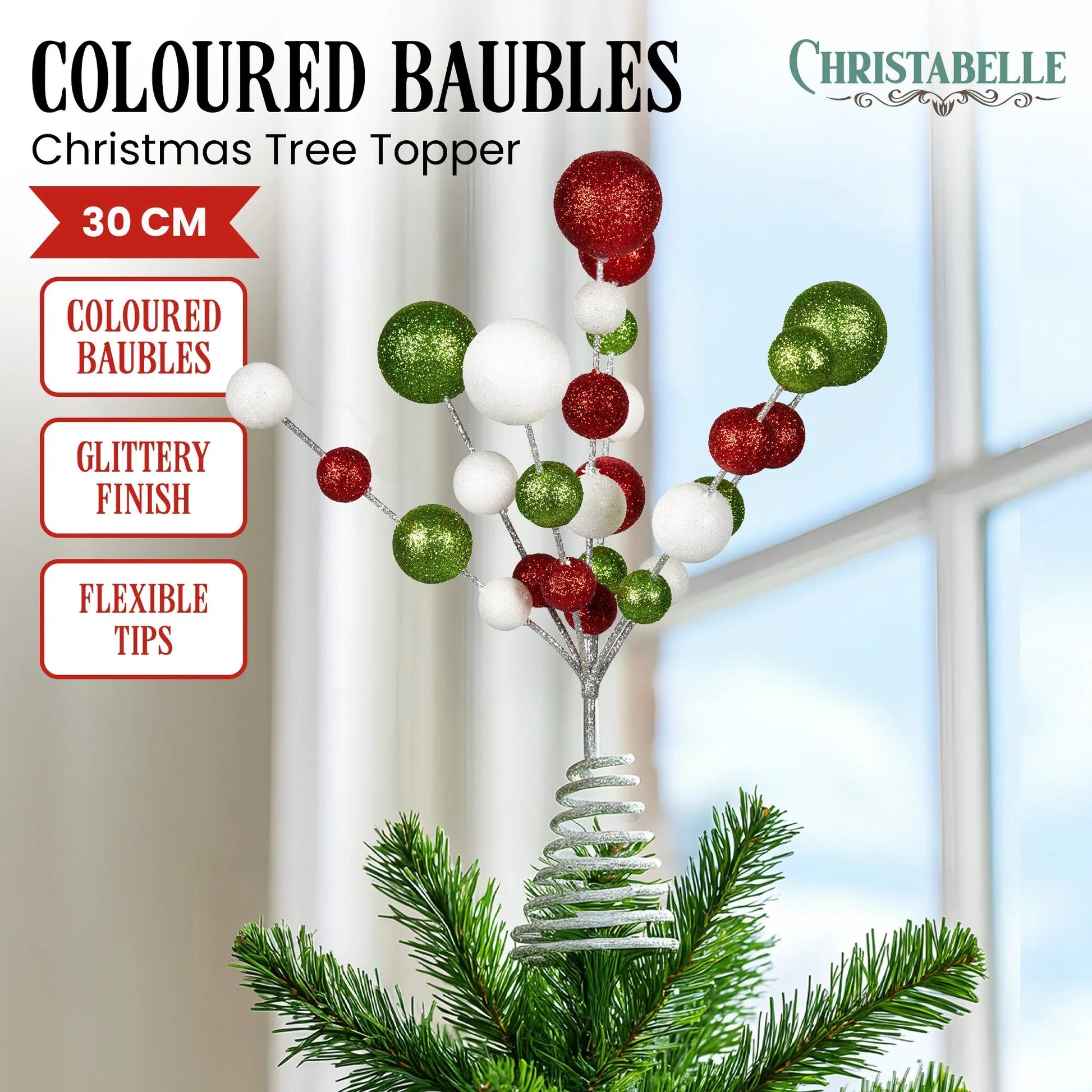 Christabelle Baubles Christmas Tree Topper Festive Glitter Finish Xmas Ornament - Mekamart Australia